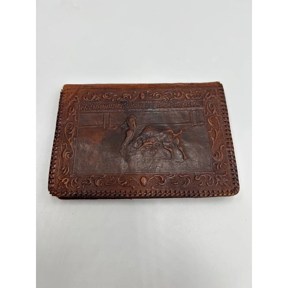 Vintage‎ Tooled Leather Bifold Wallet Bullfighting Matador Floral Brown 1950s